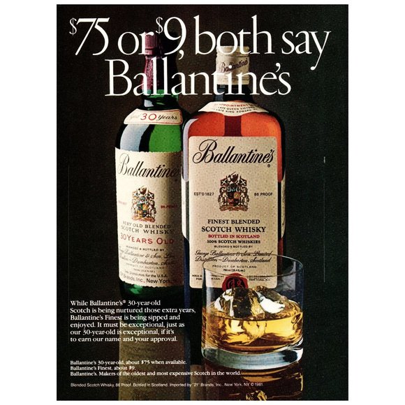 1981 Ballantine's Scotch $75 or $9 Vintage Print Ad On the Rocks Glass Wall Art - Picture 1 of 1